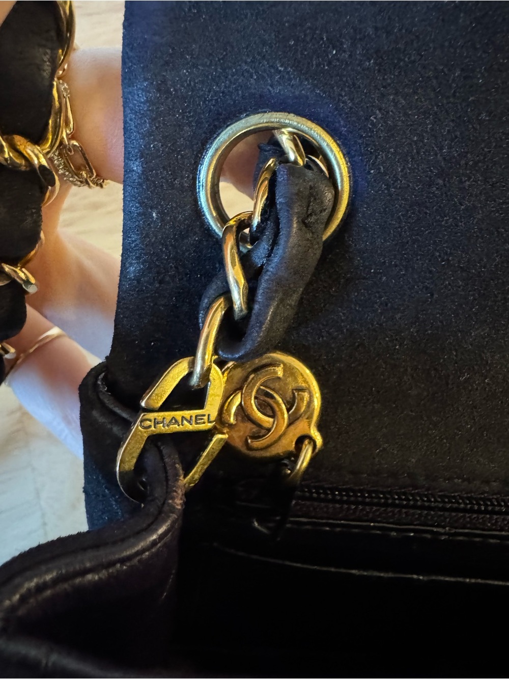 CHANEL Black Quilted Suede Crossbody with Gold Chain - Picture 9 of 16